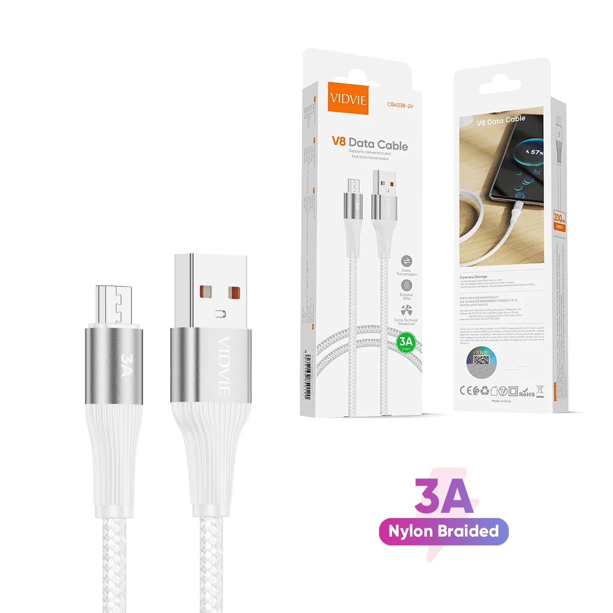 VIDVIE CB4038v 1/2/3M Black White Data Transfer Cable for Android