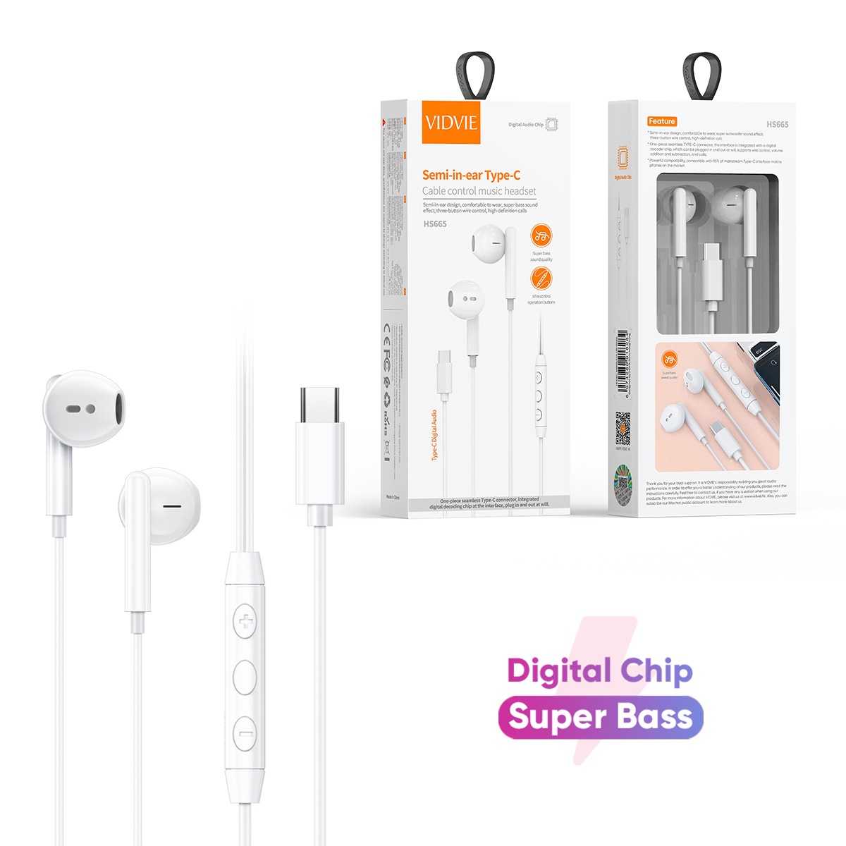VIDVIE HS665 Half in Ear Type C Bass Wire Earphone