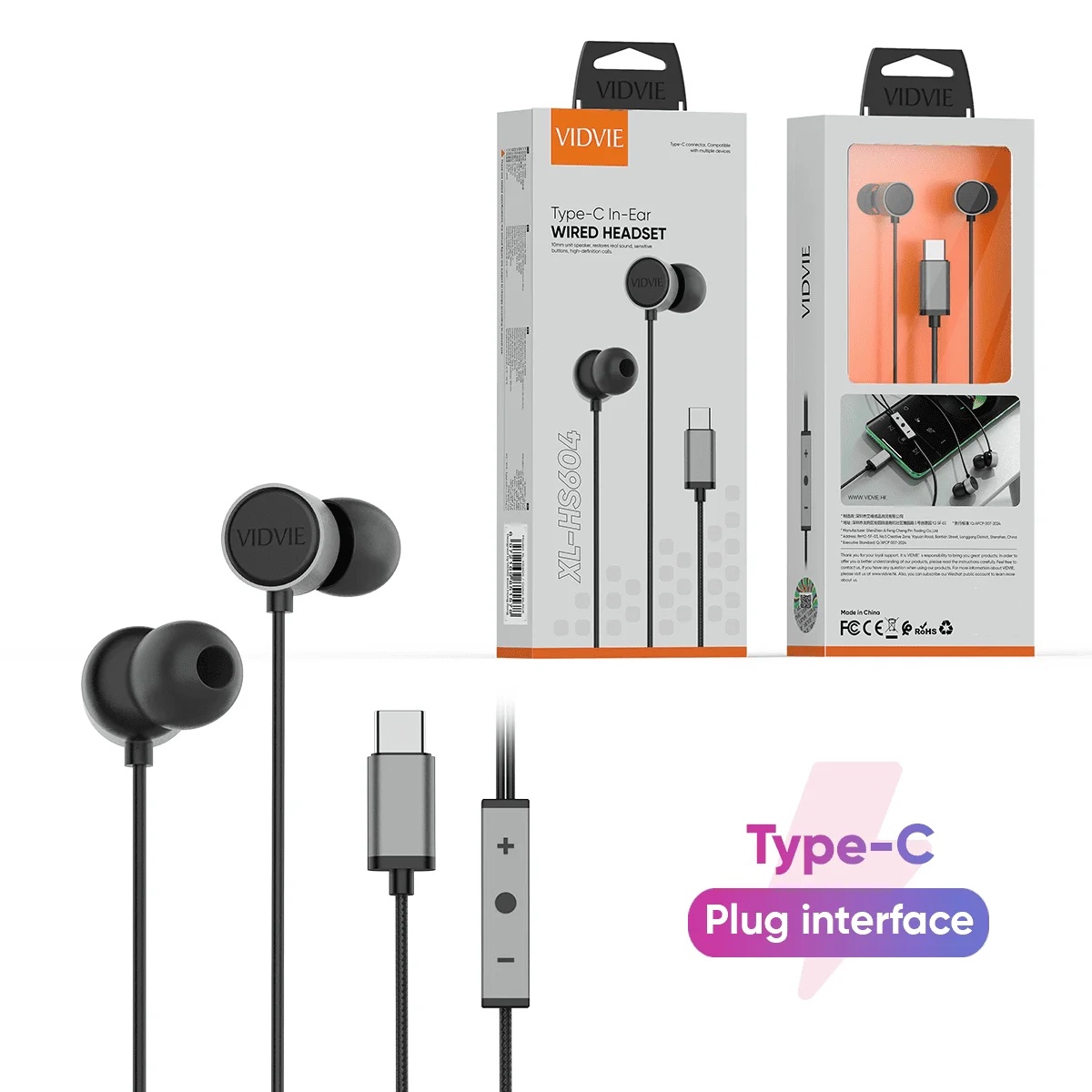 VIDVIE XL-HS604 Type C in Ear TPE Wired Earphones Headphones With Mic