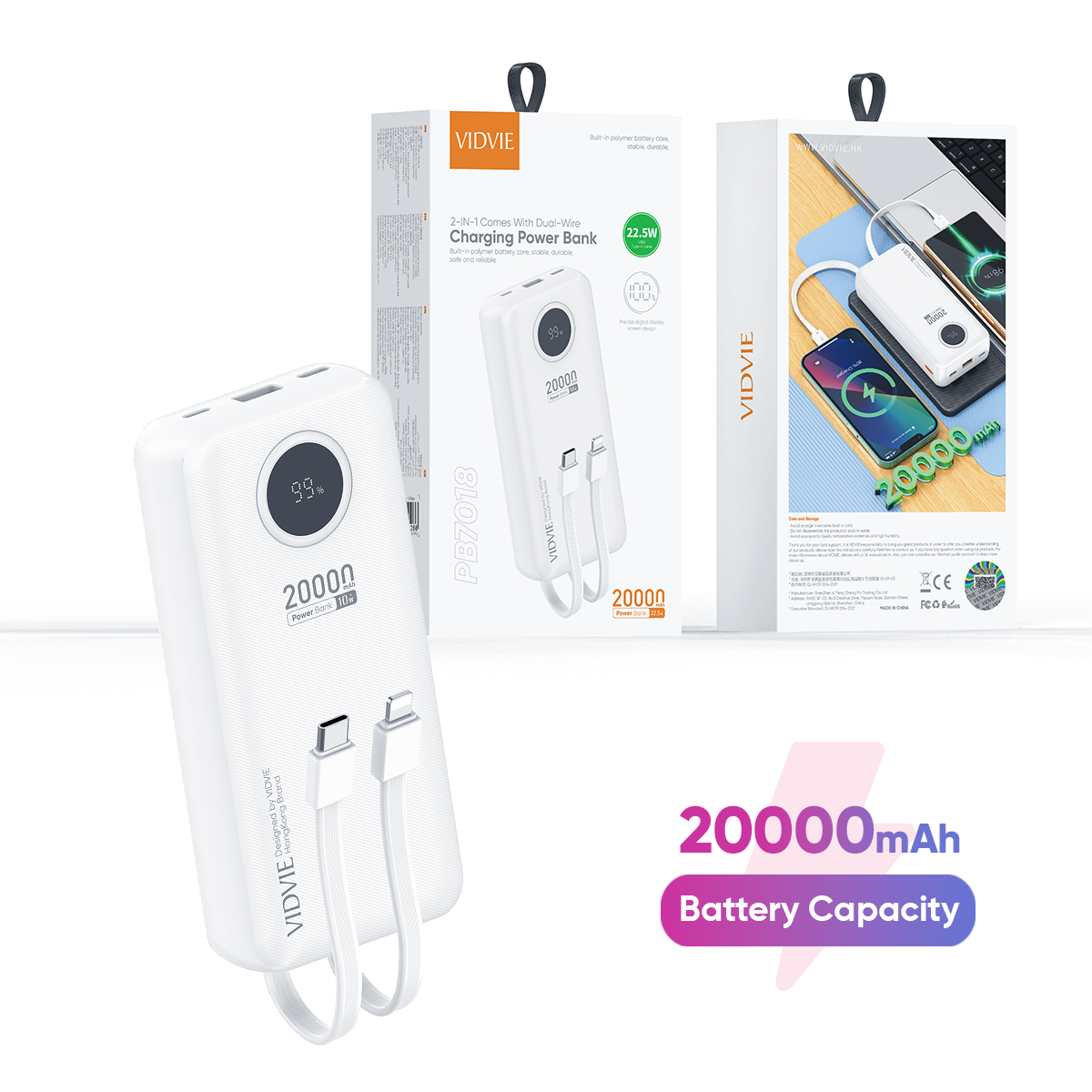 VIDVIE PB7018 2-IN-1 Comes With Dual-Wire Charging Power Bank
