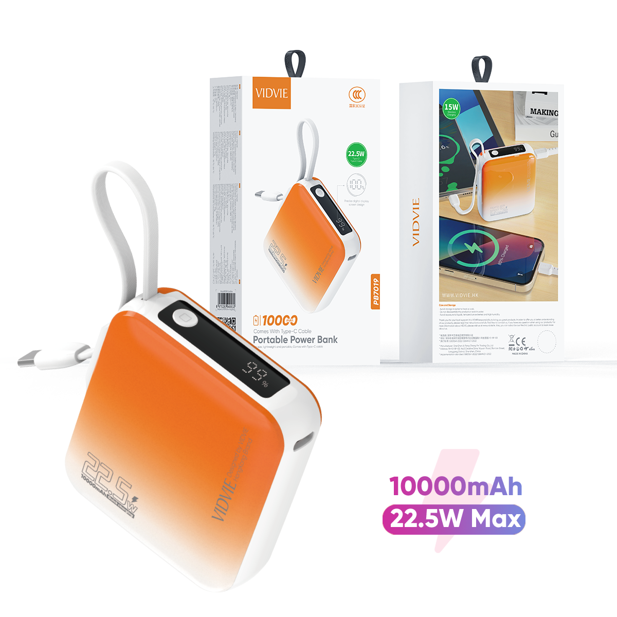 VIDVIE PB7019 Comes With Type-C Cable Portable Power Bank
