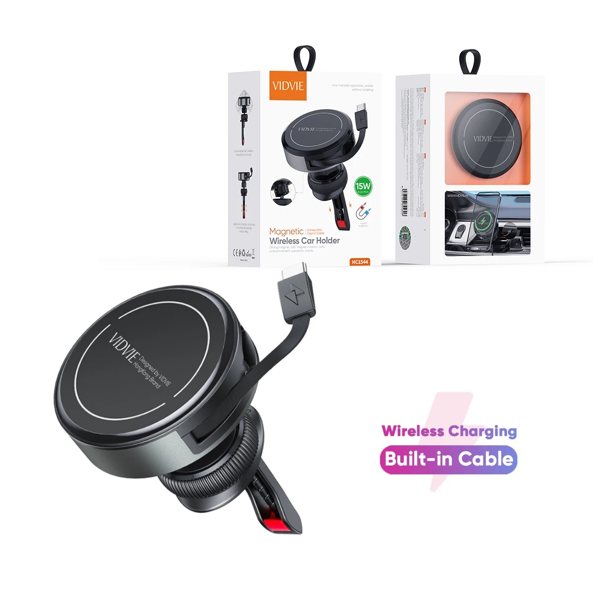VIDVIE HC1544 15W Car Magnetic Wireless Charging Car Holder With Built-In Retractable Cable