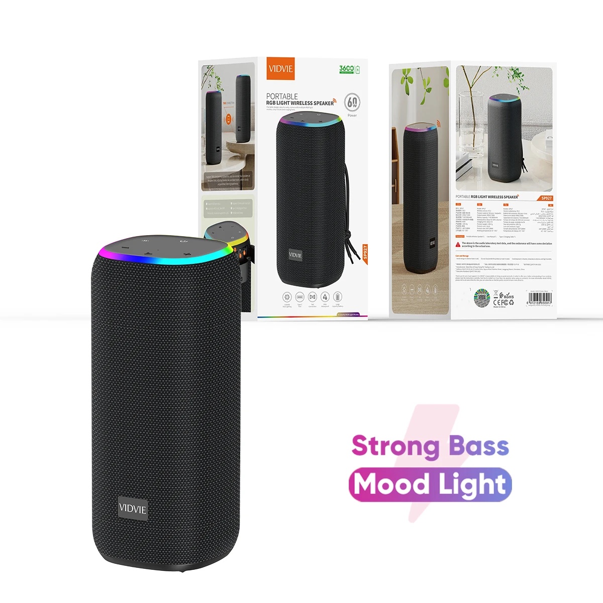 VIDVIE SP927 TWS Wireless Waterproof Speaker With Handle Strap and RGB Light