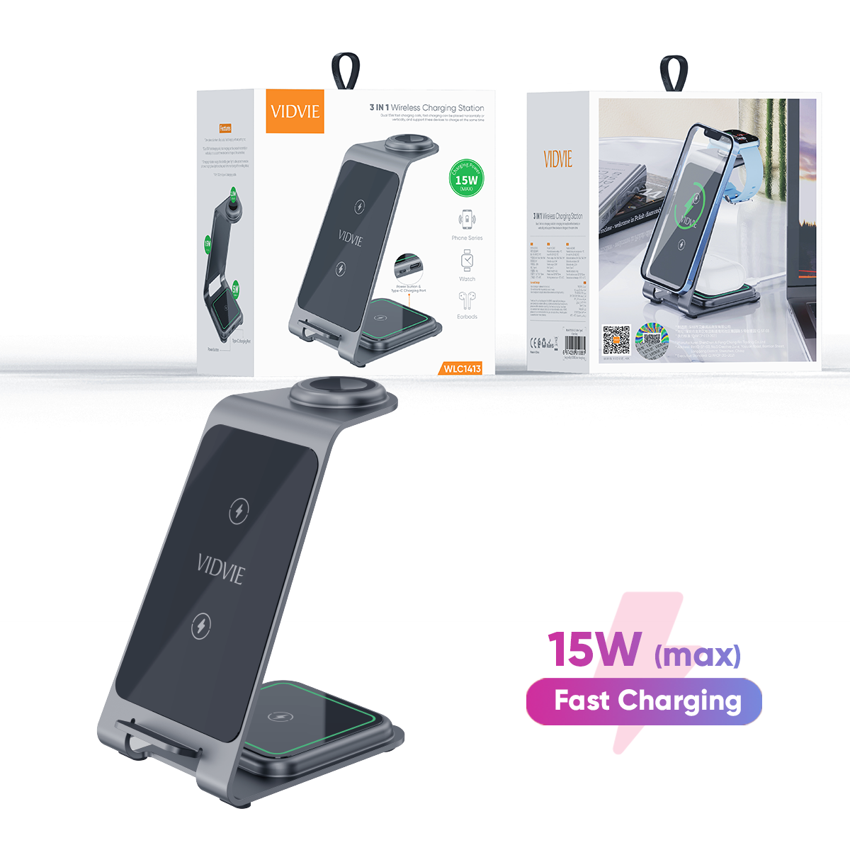 VIDVIE WLC1413 Dual 15W fast charging coil Three-in-one wireless charging stand