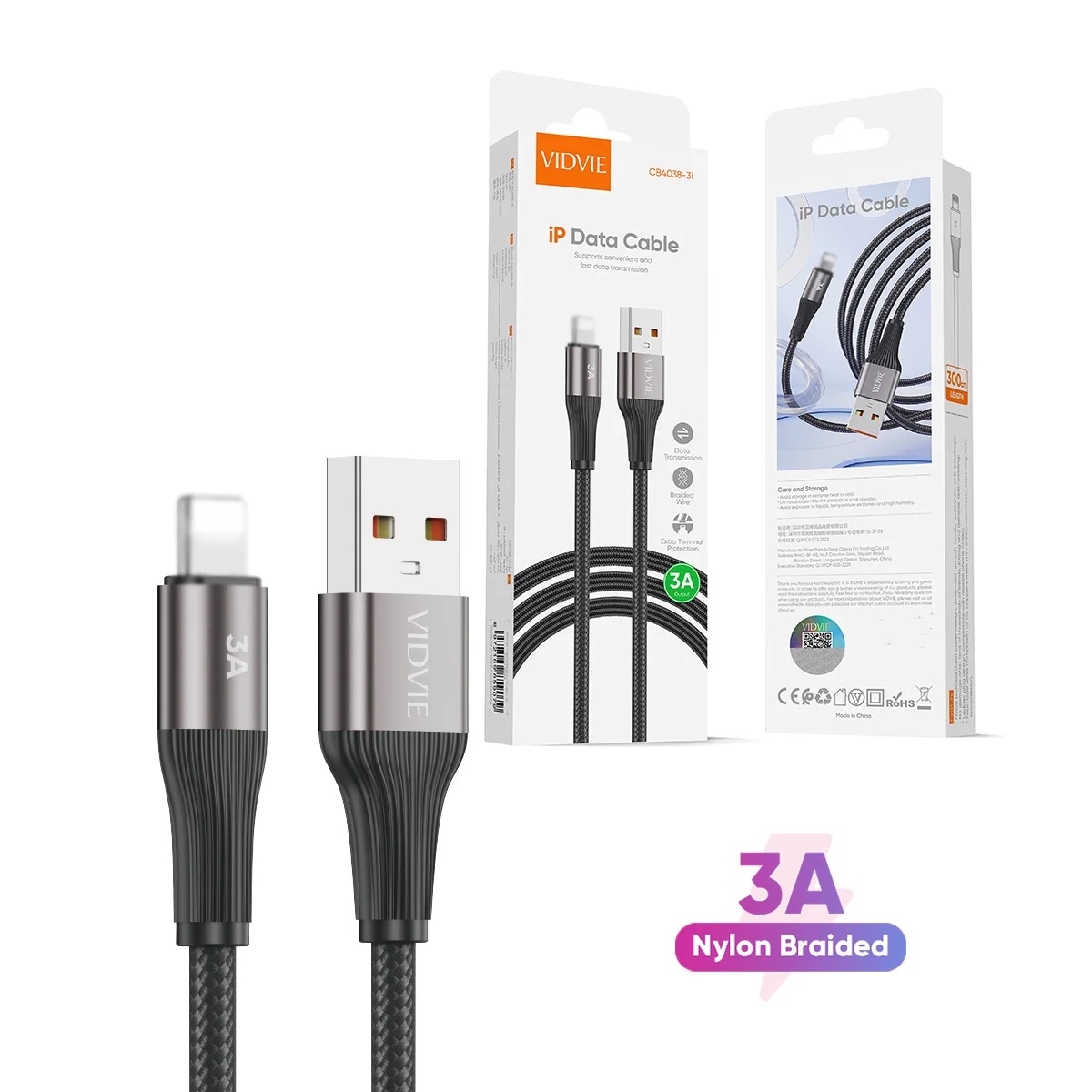 VIDVIE CB4038i 1M 2M 3M Nylon Braided USB Lighting 3A Fast Charging Data Cable