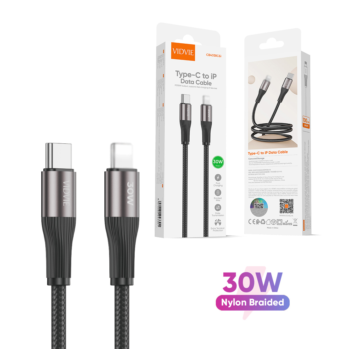 VIDVIE  CB4038C-i Metal Shell PD 30W Braided Wire Data Cables C to Lighting