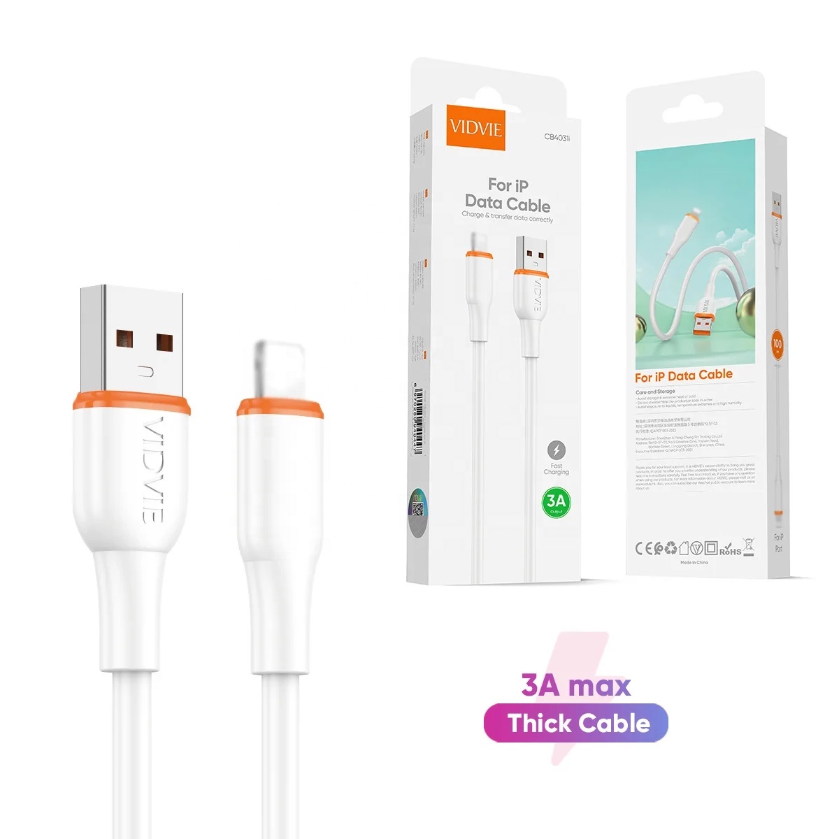 VIDVIE CB4031i White Black PVC Wire 3A Fast Charging USB Lighting Data Cable