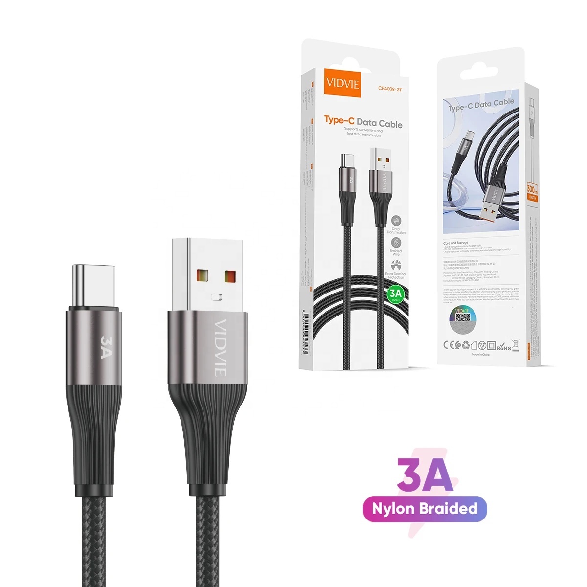 VIDVIE CB4038t Nylon Braided Wire USB Type C Data Cable