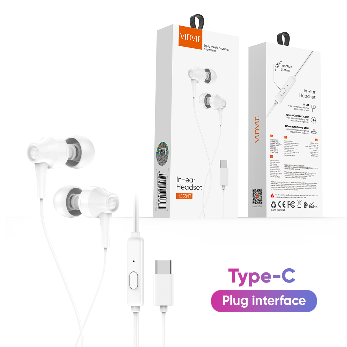 VIDVIE HS684T Type-C Plug Stereo Wired  Music Gaming Wired Earphone in Ear