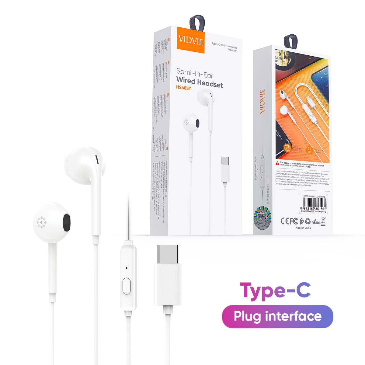 VIDVIE HS685T Semi-ln-Ear TPE Type C Wire Music Earphone with Mic