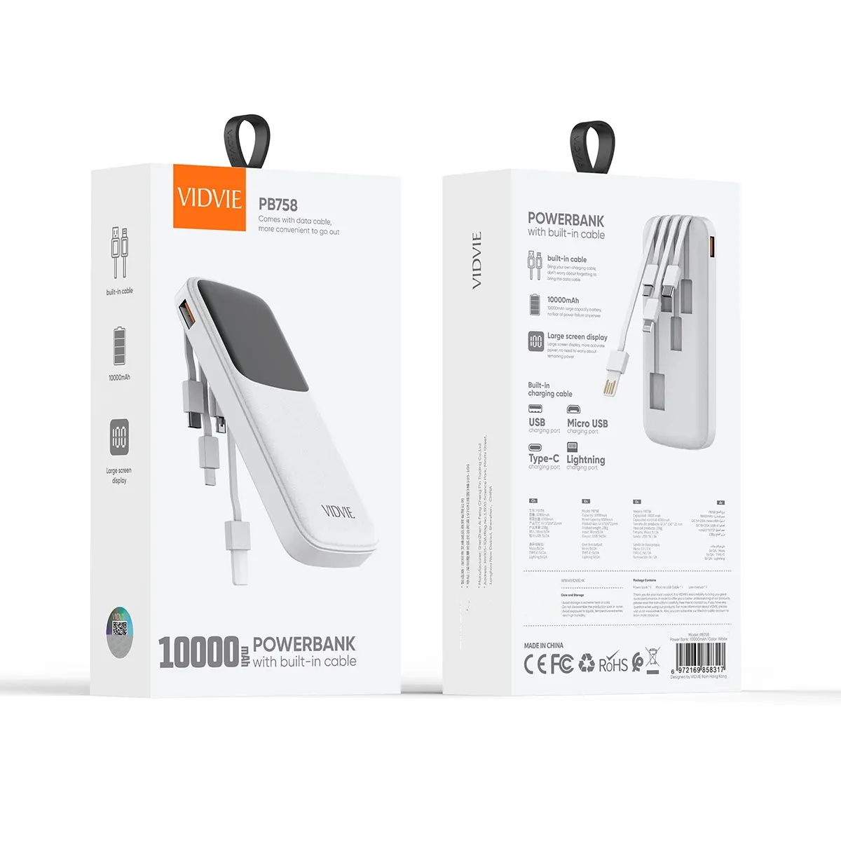 VIDVIE PB758 3 in 1 Built in Cable 10000mAh Polymer Battery Powerbank