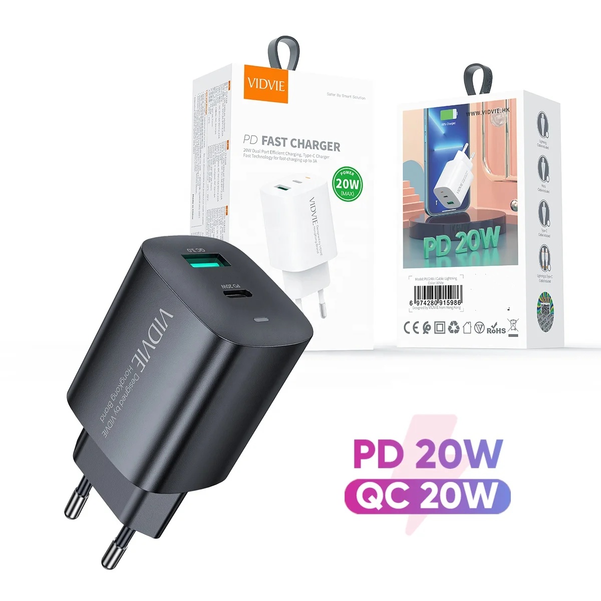 VIDVIE PLE248 Dual USB QC PD 20W Fast Charging Travel Charger Adapter