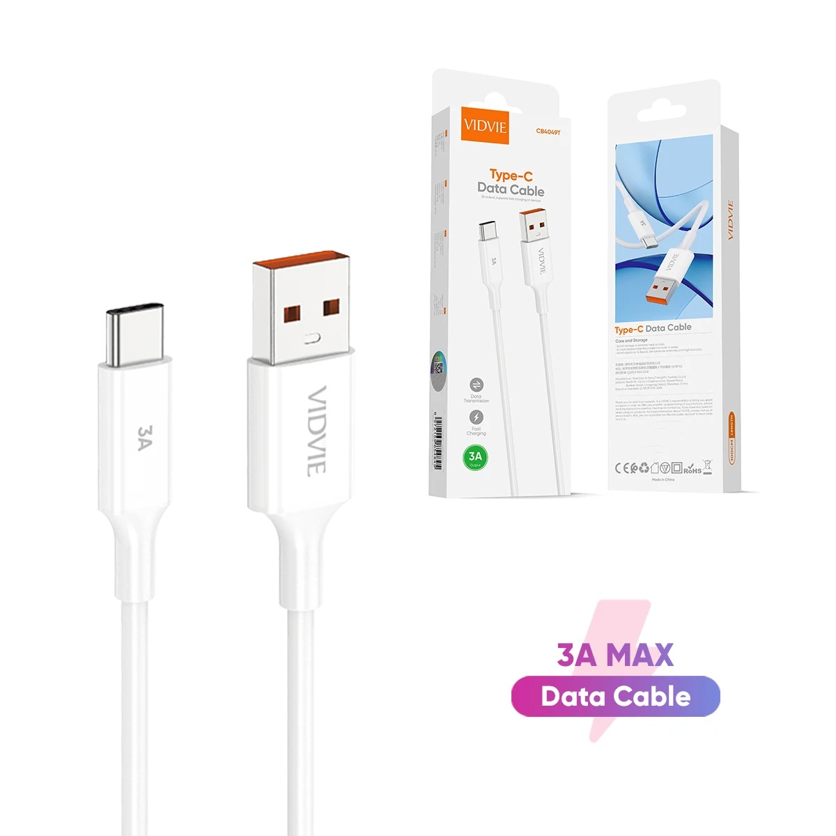 VIDVIE CB4049t Type C 3A Fast Charging White Black Data Cables