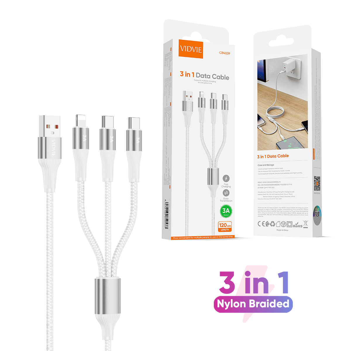 VIDVIE CB4039  Nylon Braided Wire 3A Fast Charging Data Cable 3 in 1