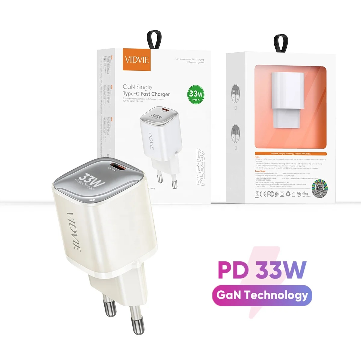 VIDVIE PLE257 Mini USB C GaN 33W PD Fast Charging Charger