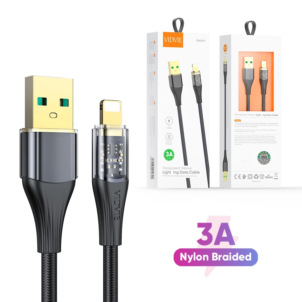 VIDVIE CB4017i  3A Nylon Braided Fast Charging USB Data Cable