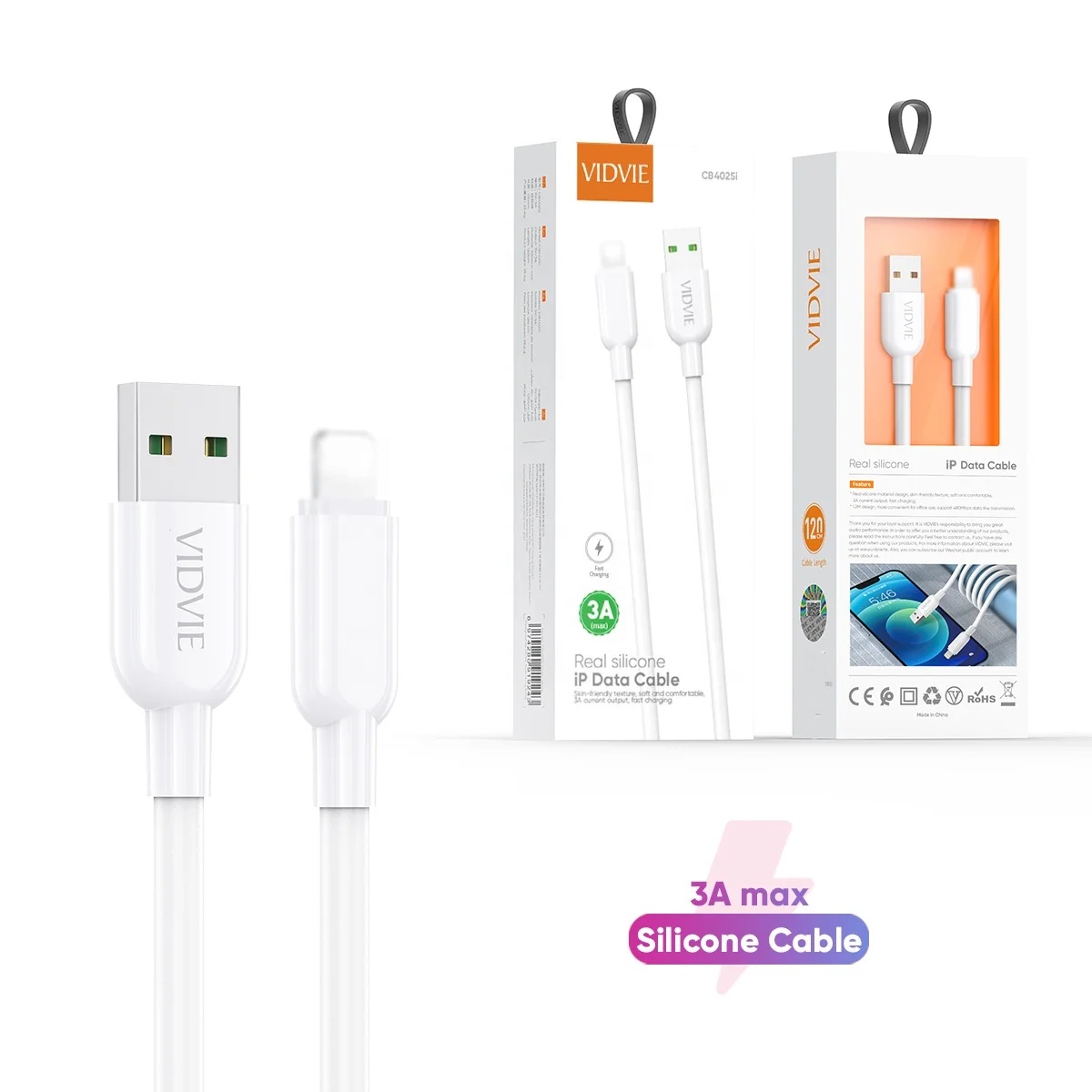 VIDVIE CB4025i Silicone Wire 3A Fast Charging USB Lighting Data Cable