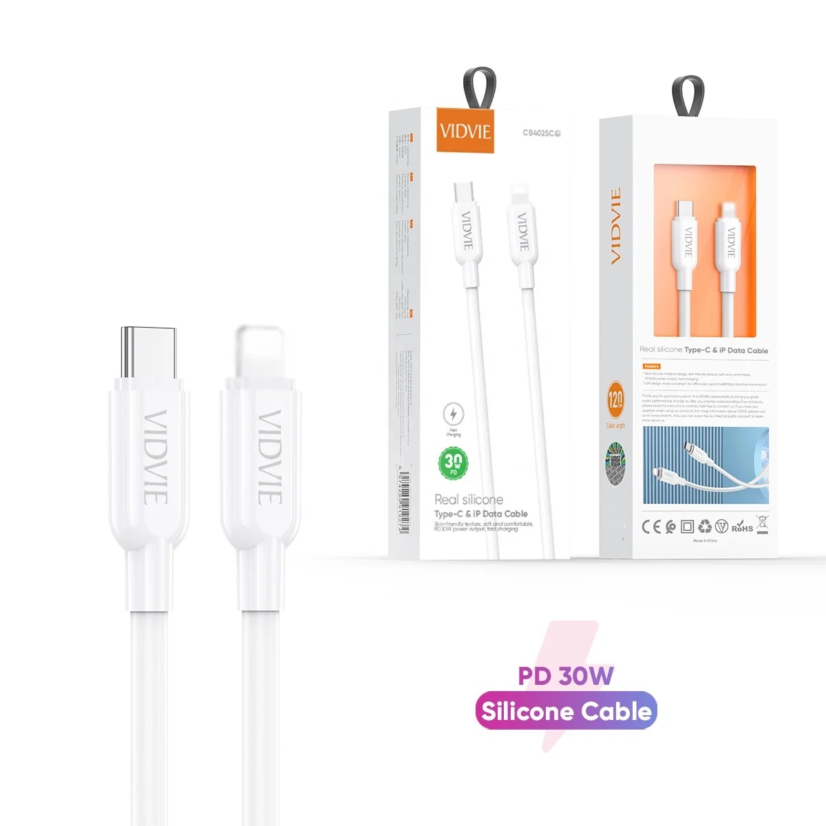 VIDVIE CB4025c-i Silicone PD 30W Fast Charging Data Cable Type C to Lighting