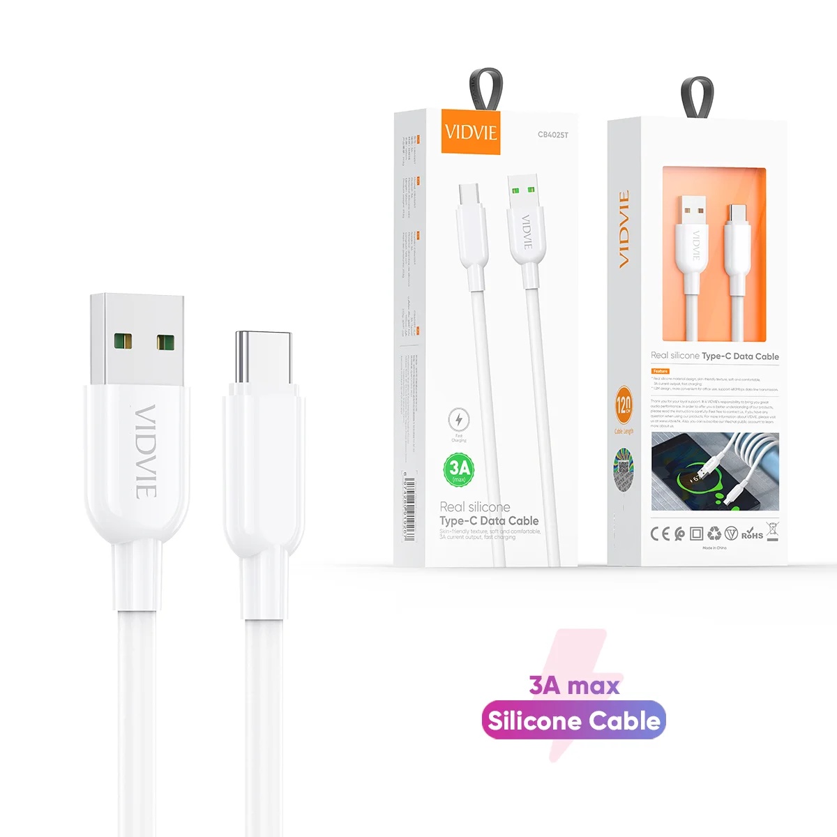 VIDVIE CB4025t Silicone Wire Fast Charger Data Cable