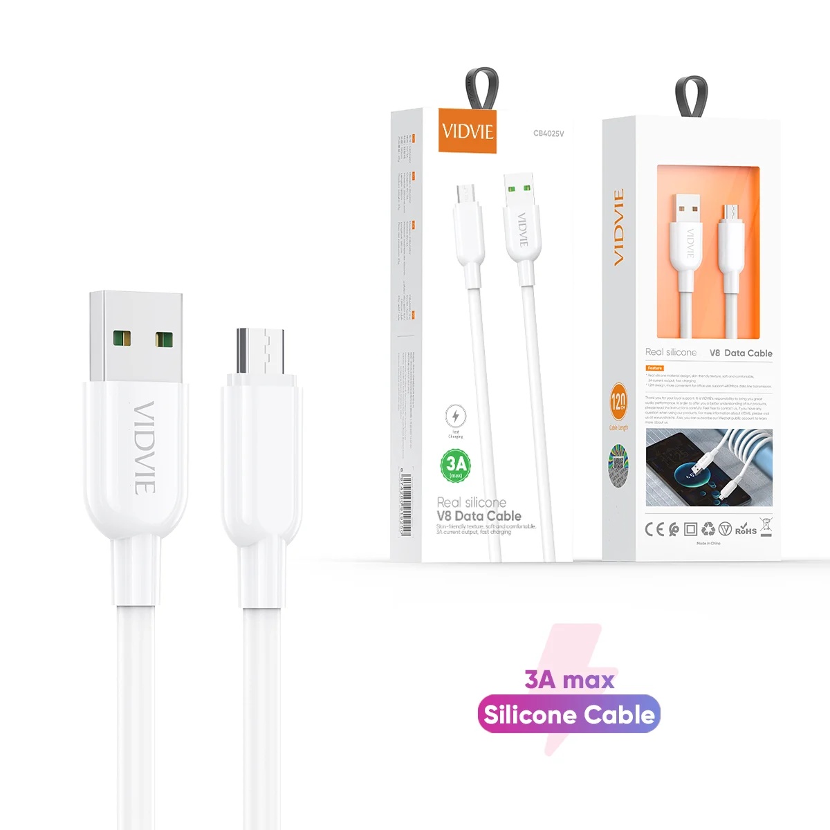 VIDVIE CB4025v Silicone 3A Fast Charging Micro USB Data Cable