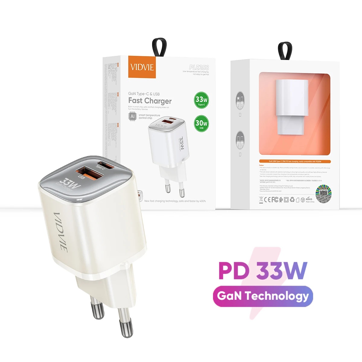 VIDVIE PLE258 GaN USBA PD 33W Fast Charging Travel Charger