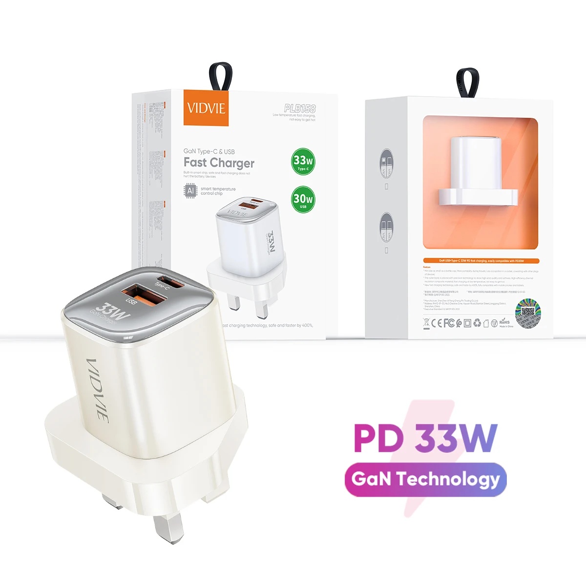 VIDVIE PLB158 GaN PD 33W Fast Charging Travel Charger Adapter