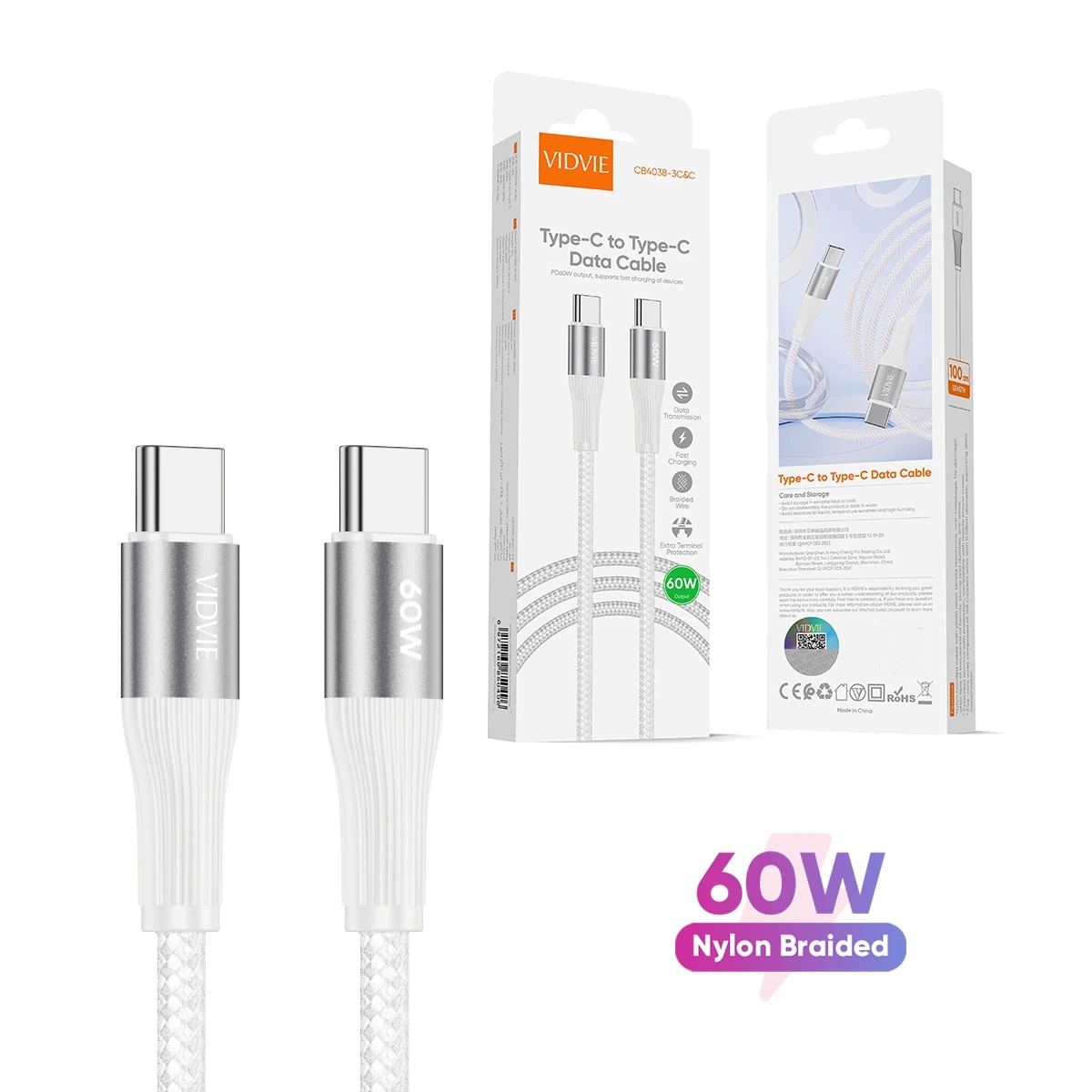 VIDVIE CB4038C-C Nylon Braided PD 60W Fast Charging Data Cable Type C to C