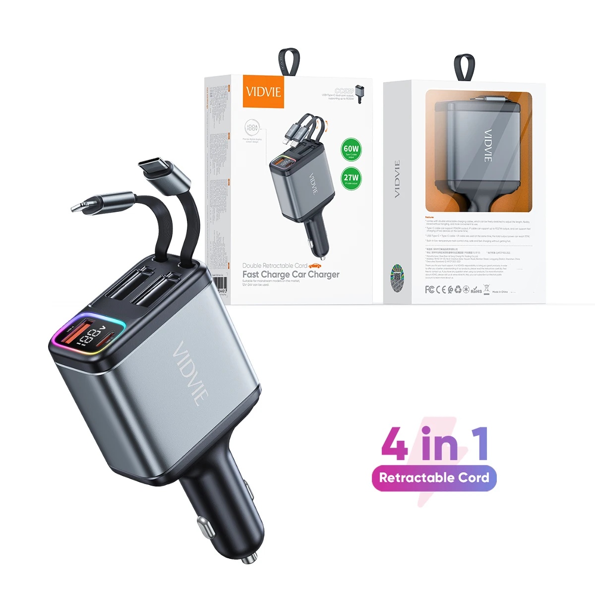 VIDVIE CC539 4 in 1 Fast Charging 60W LED Display Car Charger