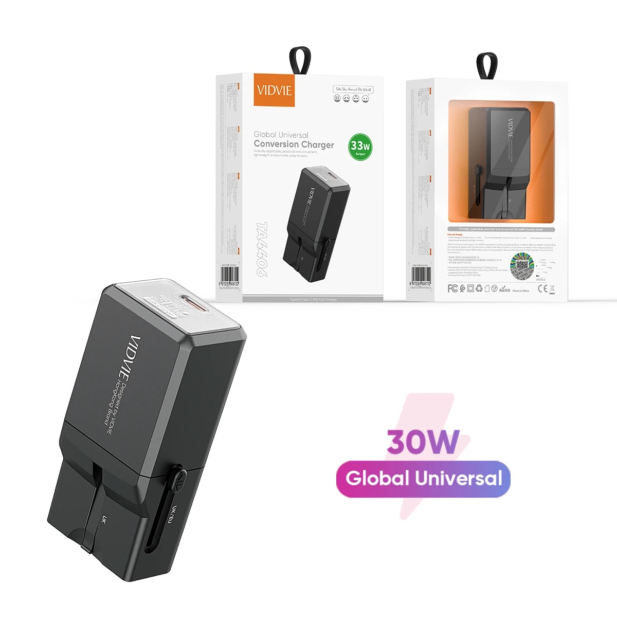 VIDVIE TA4406 PD 30W Global Adaptador Travel Charger With EU US UK Plug