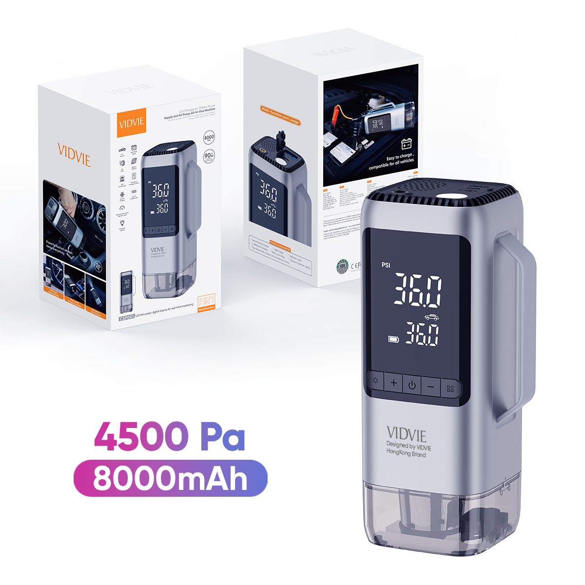 VIDVIE CSP001 Multi-Function Car Jump Starter Emergency Power Bank Featuring Air Compressor Vacuum Cleaner Tire Inflator