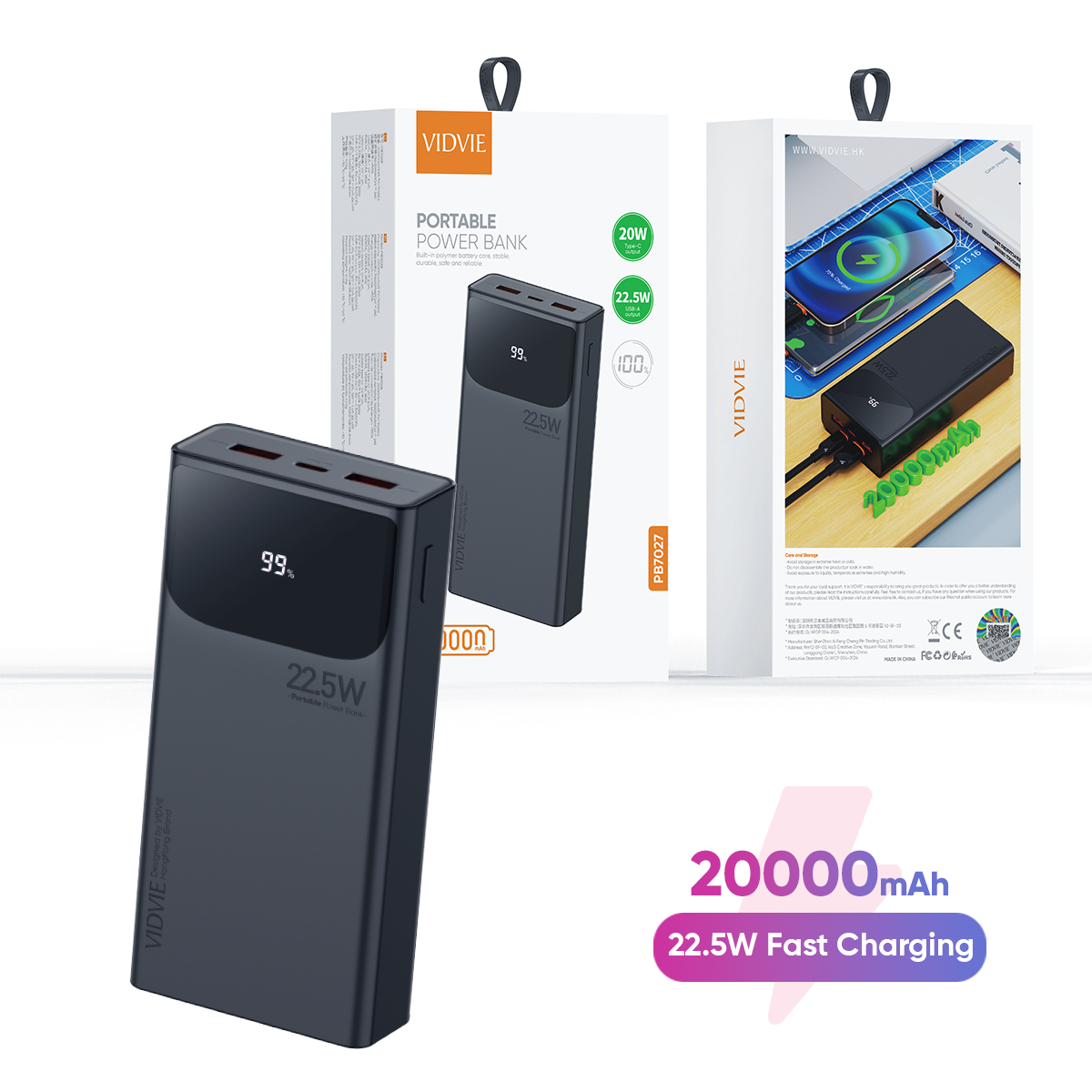 VIDVIE PB7027 20000mah Fast Charging Powerbank with LED Power Display