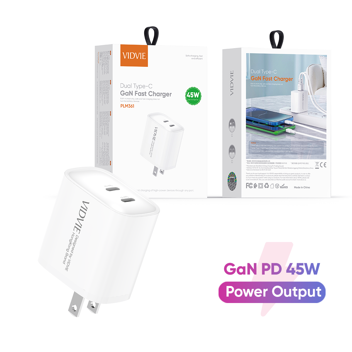 VIDVIE PLM361 Dual Type-C 45W GaN Fast Charger