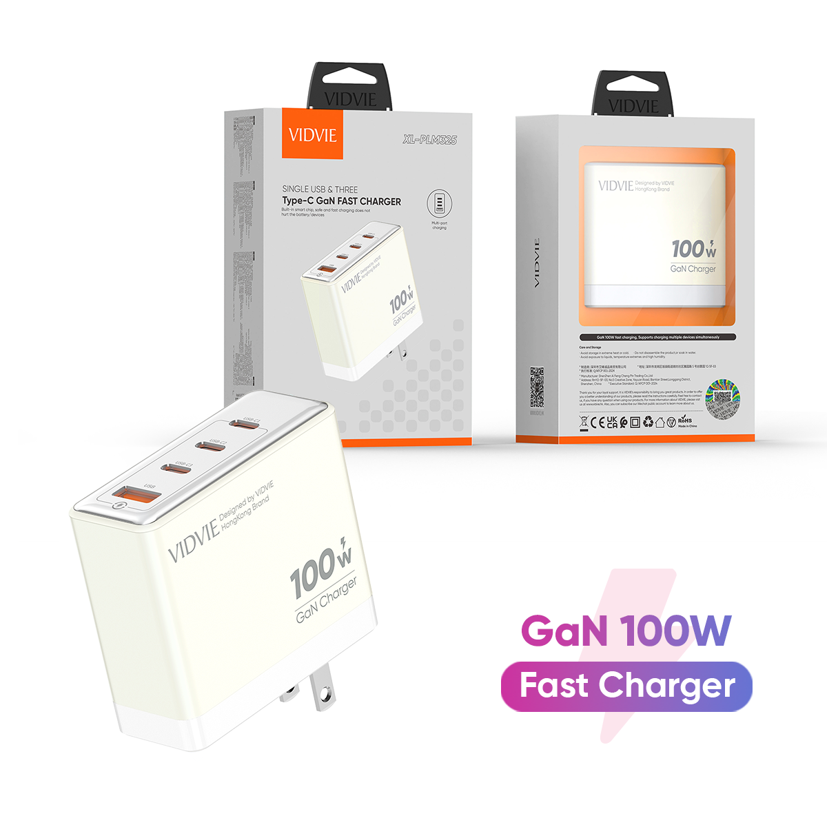 VIDVIE XL-PLM325 Single USB & Three Type-C GaN 100W Fast Charger