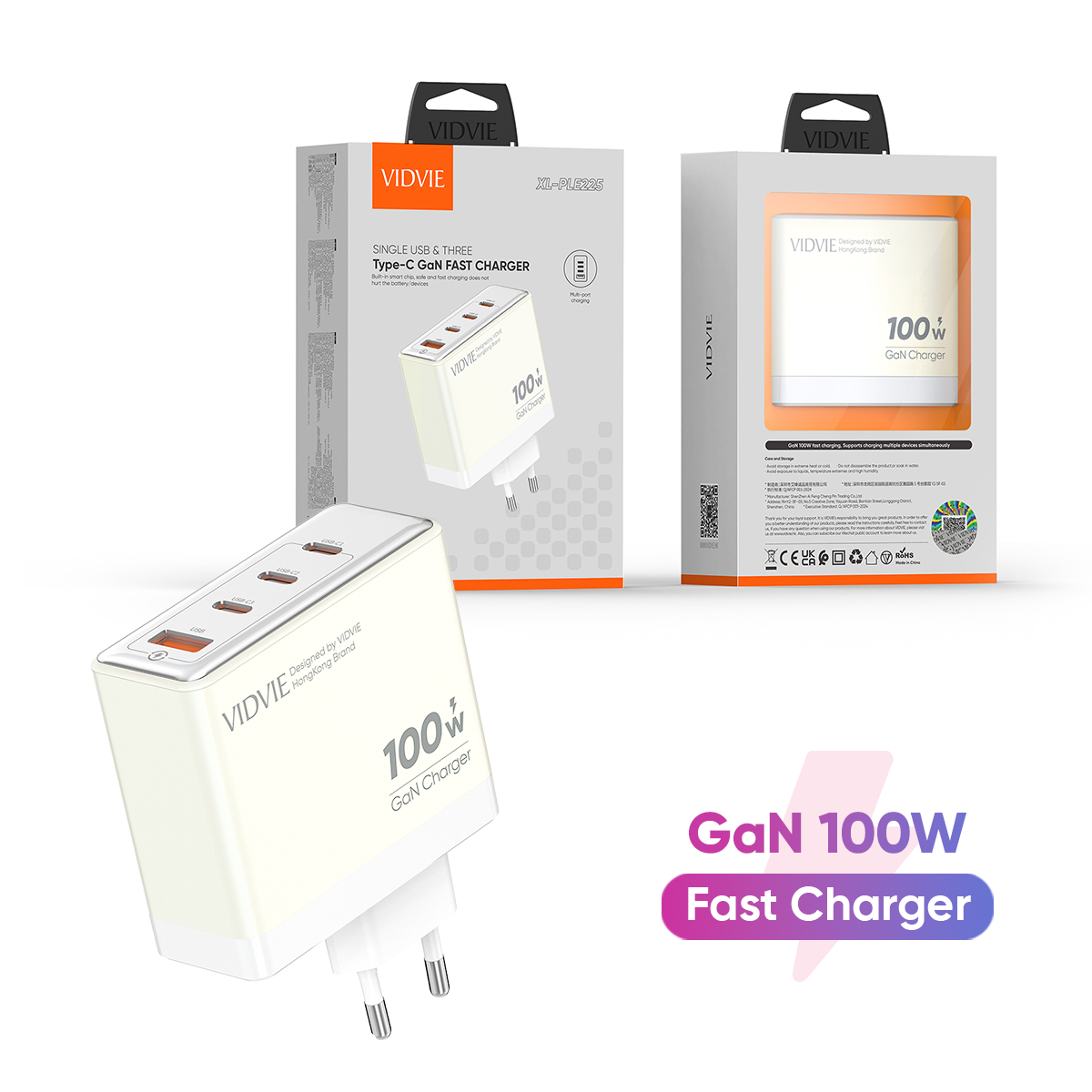 VIDVIE XL-PLE225 Single USB & Three Type-C GaN 100W Fast Charger