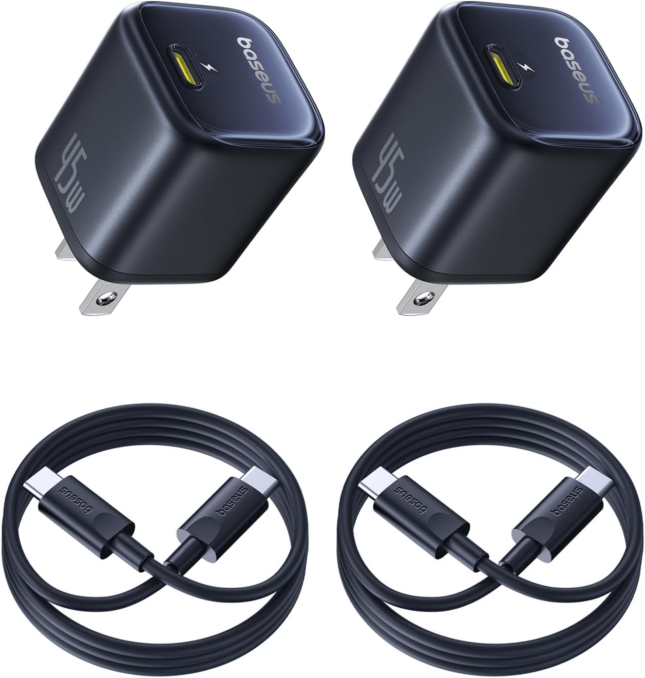 Baseus 45W USB C Charger Block, 2 Pack PPS Fast Charger Type C with USB-C Cable for iPhone 17/16/15 Series