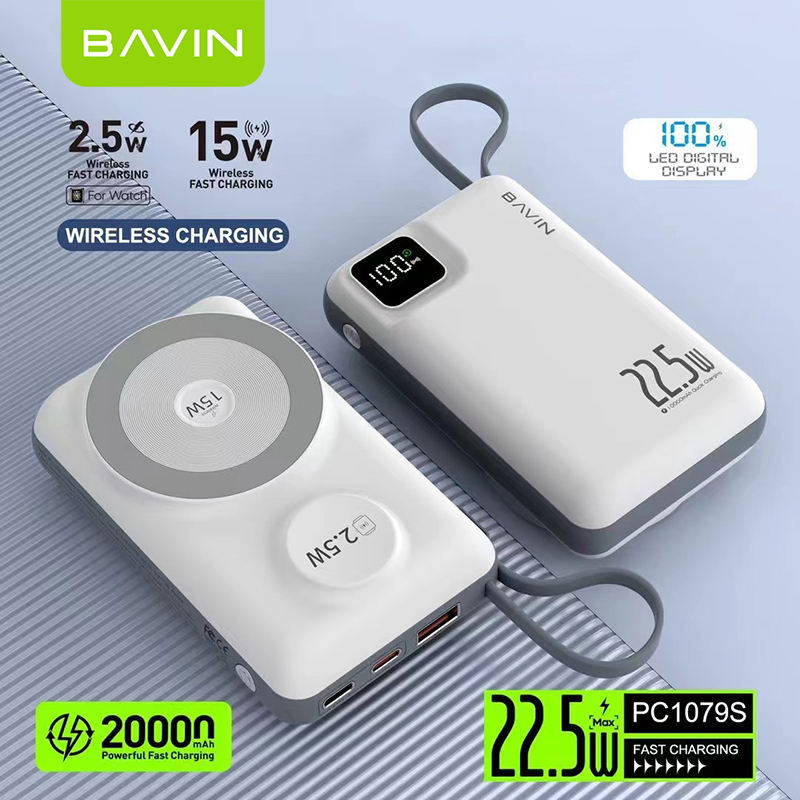 BAVIN PC1079S Portable Wireless Fast Charging 20000mah Power Bank Charger With LED Led Display and Type c Cable