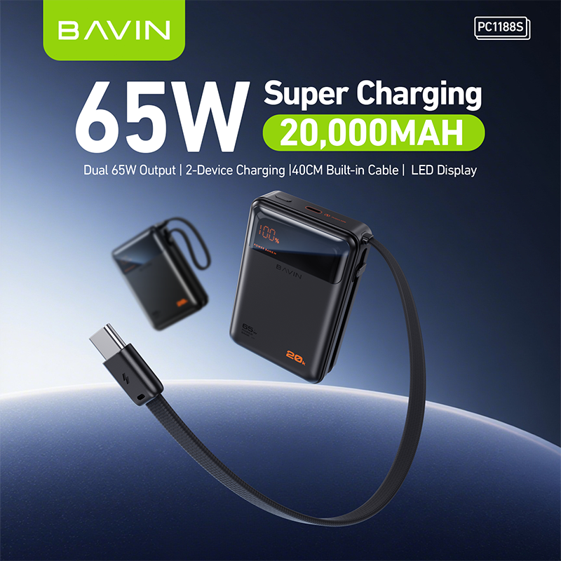 BAVIN with Dual 65W Super Charger Cable and LED Display PC1188S 20000mah 65W Fast Charging Power Bank