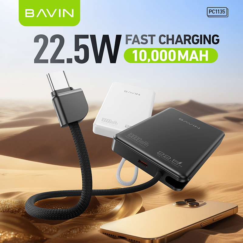 BAVIN PC1135 10000mah 22.5W LED Digital Display Ultra Thin Power Bank with Nylon Type C Usb Cable