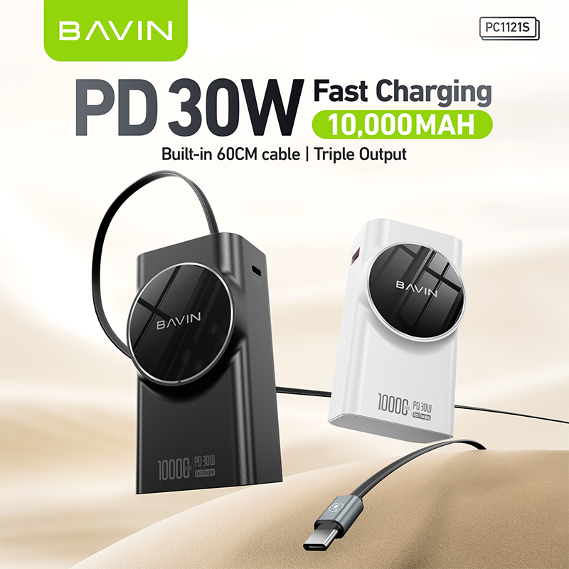 BAVIN Wholesale PC1121S 10000mah 30W 60CM Auto Retract Cable Power Bank with LED Display