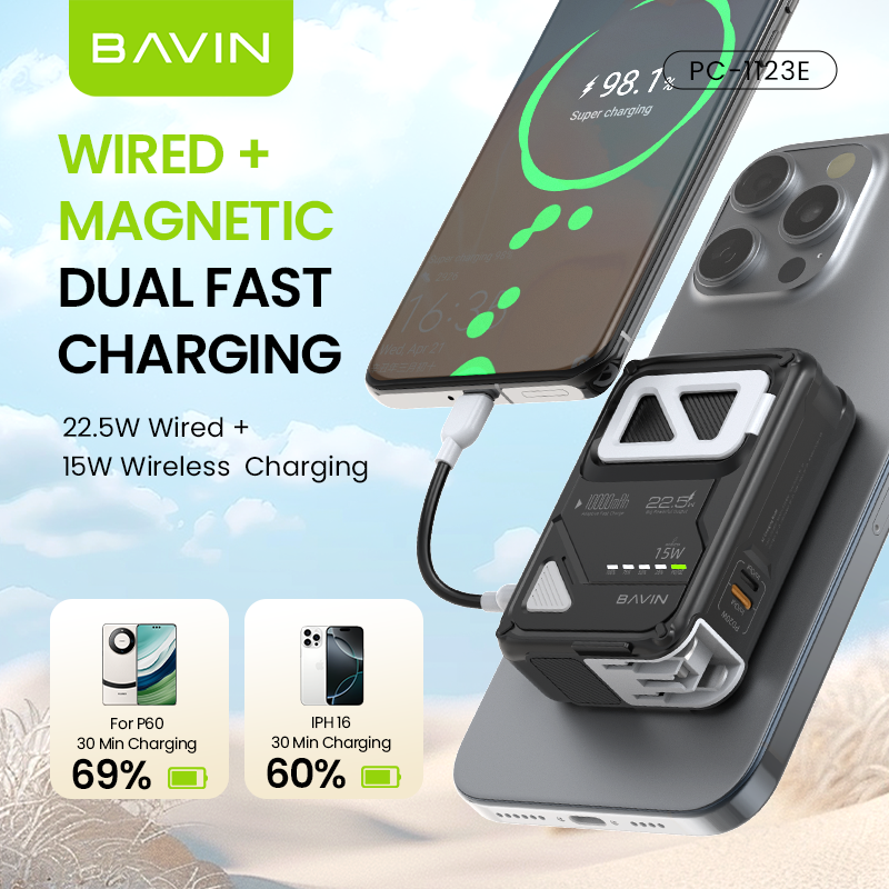BAVIN Li-Polymer PC1123E 10000mah Holder Wireless Fast Charging Power Bank with Charging Cable