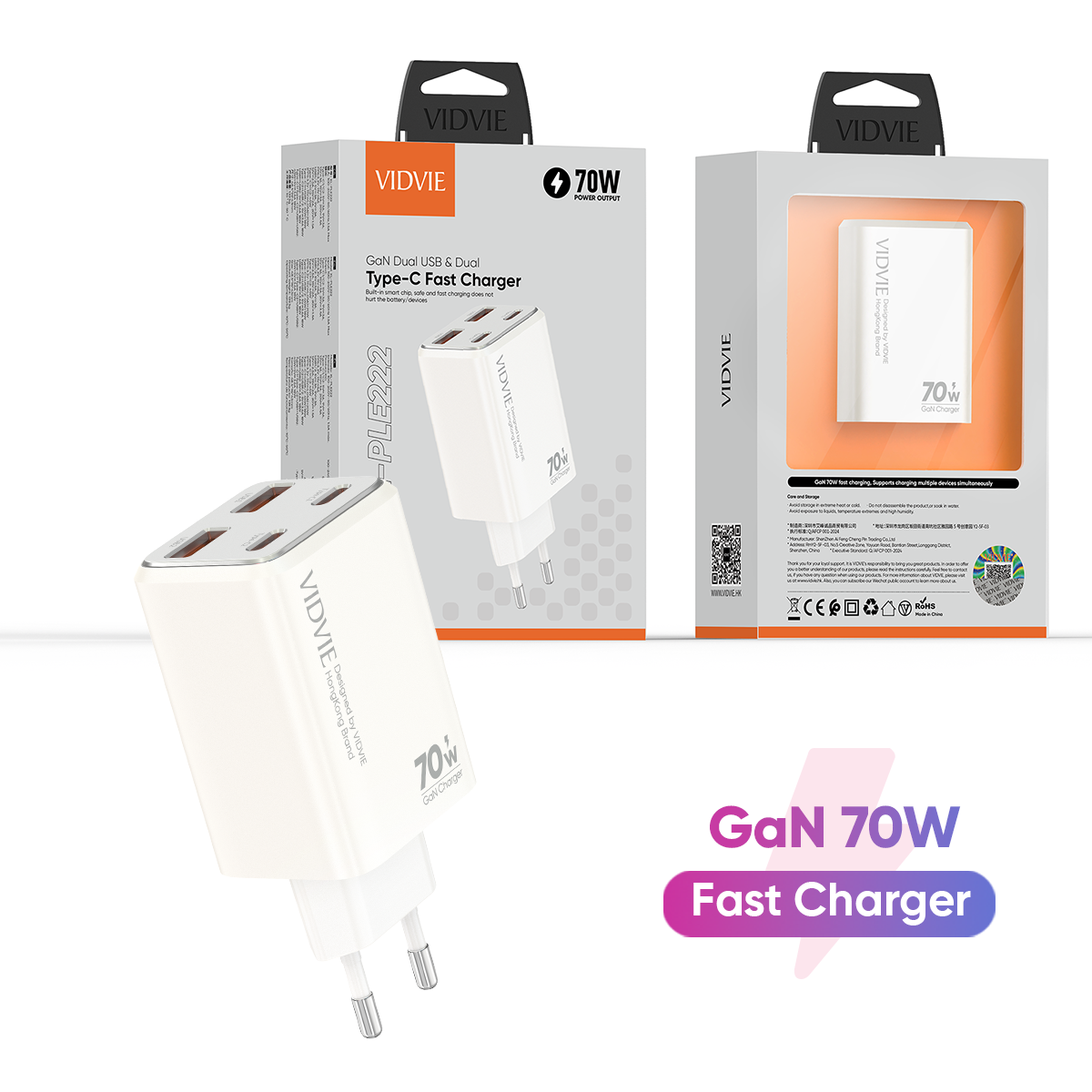 VIDVIE XL-PLE222 GaN Dual USB & Dual Type-C 70W Fast Charger