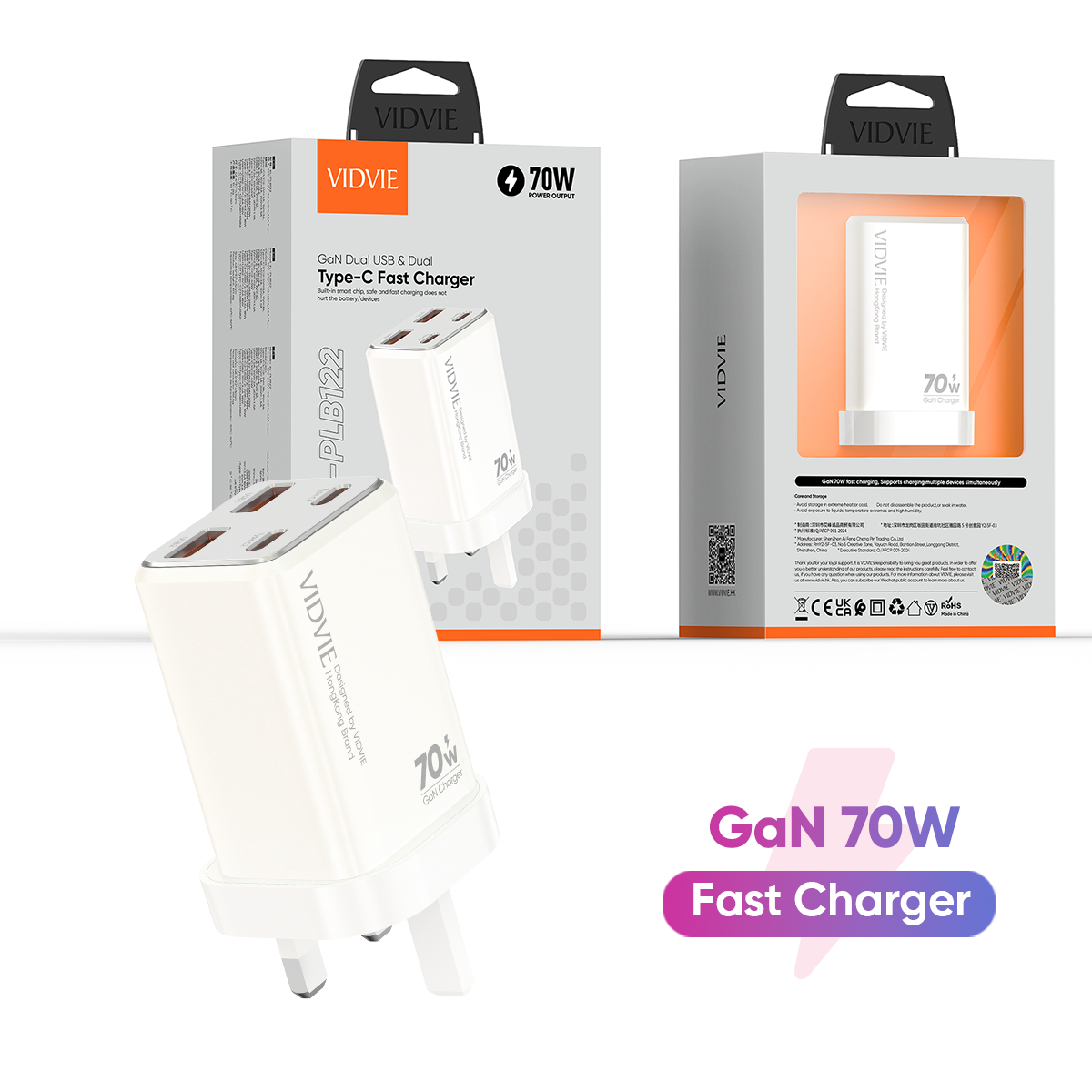 VIDVIE XL-PLB122 GaN Dual USB & Dual Type-C 70W Fast Charger