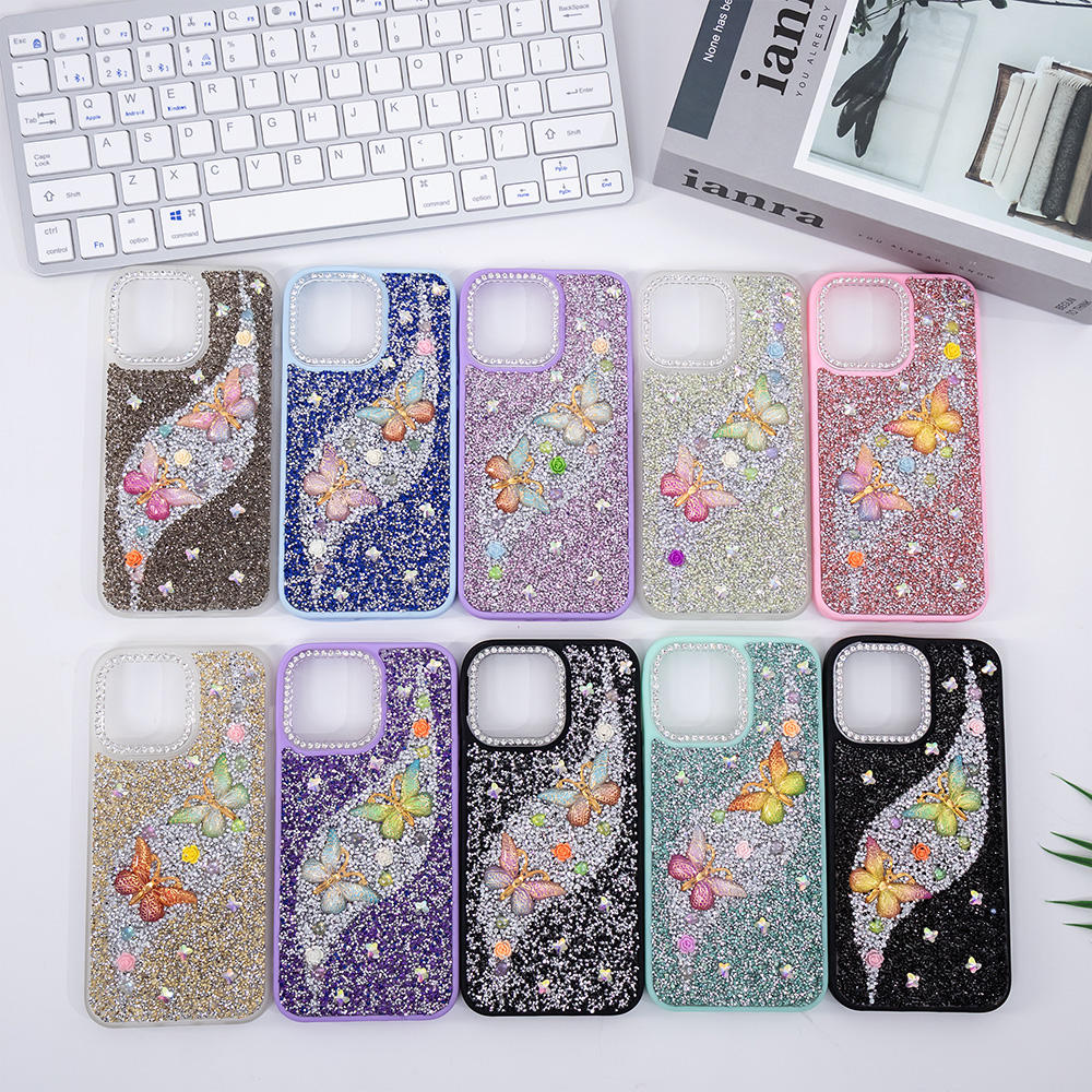 Full Diamond Mobile Phone Case for iphone 15 14 13 Glitter Butterfly Girls Back Cover Fundas Protector De Celular Estuches Forro