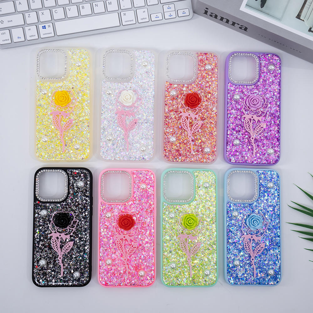 Groove TPU Glitter Mobile Phone Case Forros With Rose Accessory Back Cover for iphone 15 Pro Max Funda Protectora Para Celulares