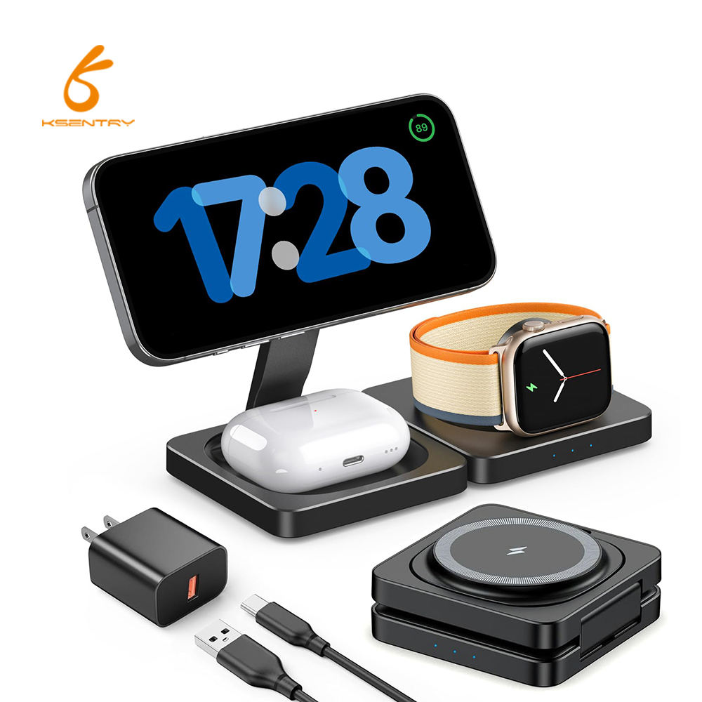 KSENTRY collapsible 3 in 1 Wireless Foldable Folding Desktop Desk Phone Charging Stand Holders Station Magnetic Portable Charger