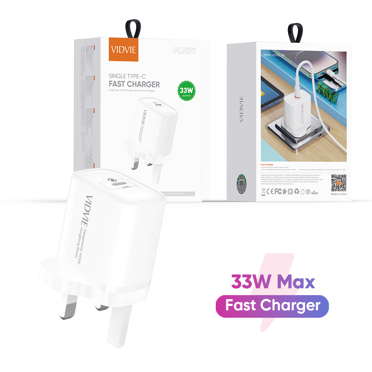 VIDVIE PLB171 33W Type-C USB Adapter Charger
