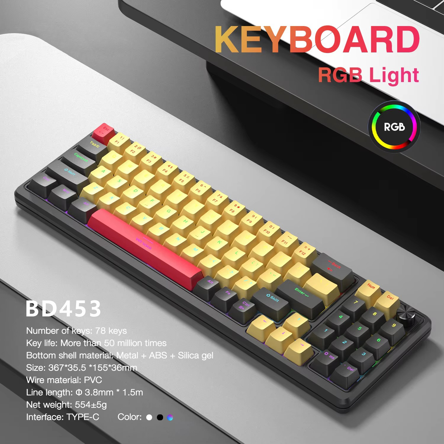 Mechanical Gaming Keyboard Wired Office & Game with Type-C Weld Axis & Red Switches RGB Backlit New Product