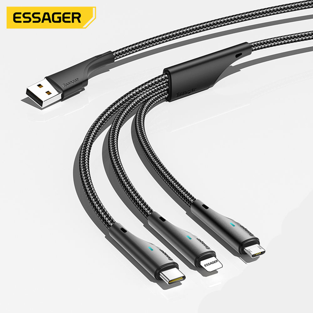 Essager Es-x37 3a Nylon Braided 3-in-1 Usb Fast Charging Cable Usb To Type C Micro Ip 3 In 1 Multi Phone Charger Cord Cable - Bu