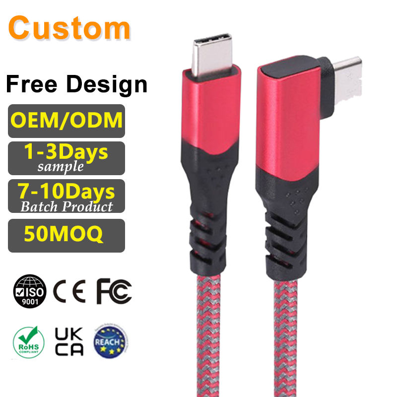 LONGKAIELECTRONIC--Custom Logo 2m Nylon Plastic Tinned Copper Usb C Data Cable 90 Degree Fast Charge 10gbps Sync 5a Pd Type C Ny