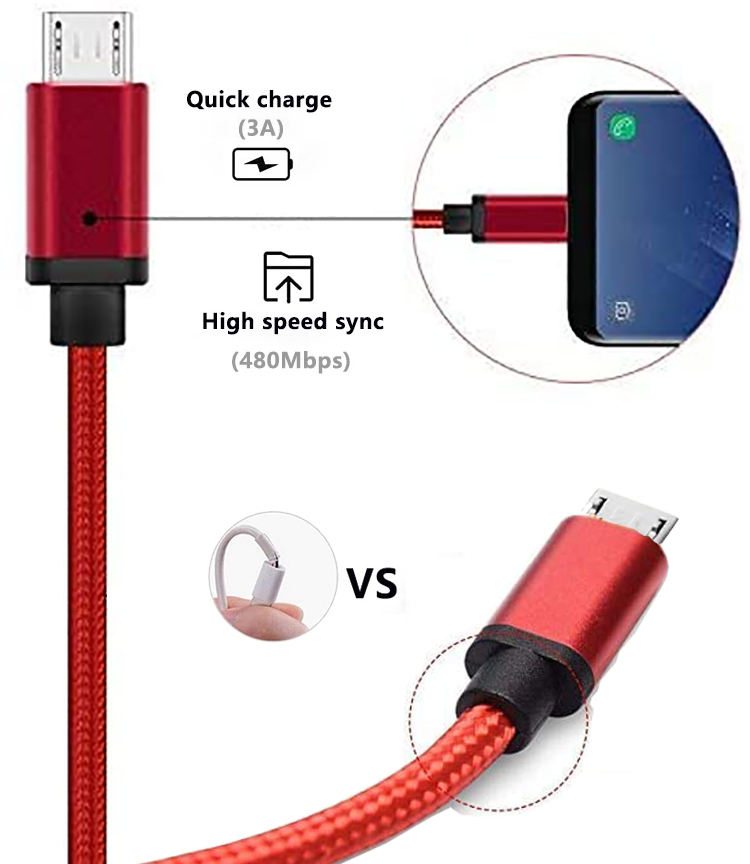 LONGKAIELECTRONIC--Durable 1m Red Zinc Alloy Shell Nylon Braided 3a Fast Charge Data Transfer Cable Pure Copper Micro Usb Moldin